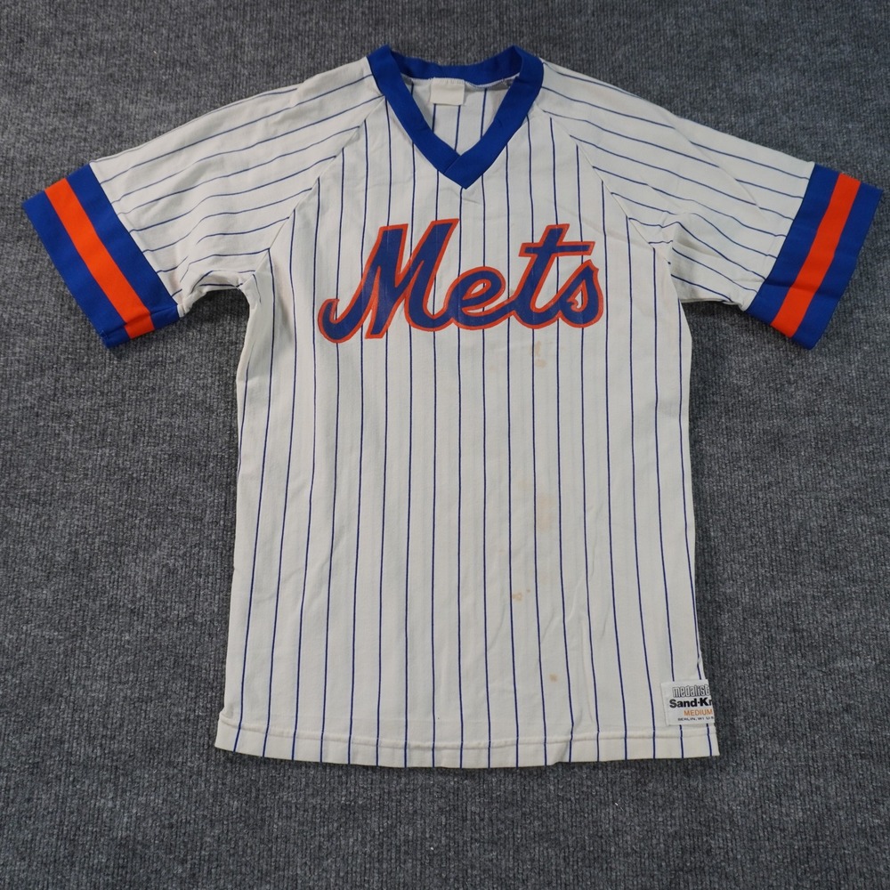 Sand-Knit New York Mets Baseball Jersey Mens Medium White Pinstripe Vintage 80s